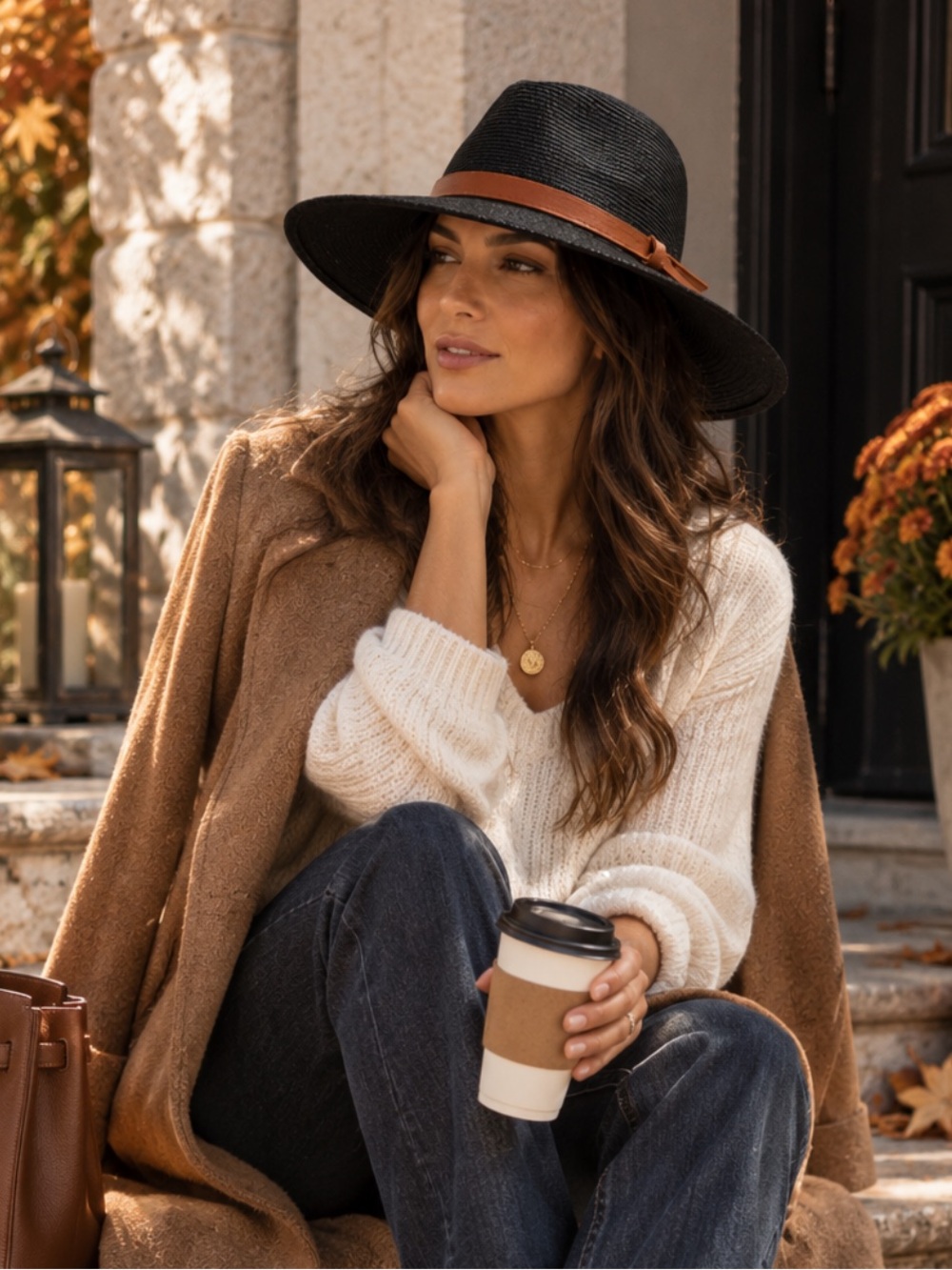 ShopEvelynne Black Wide-Brim Hat with Brown Band